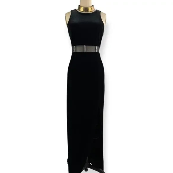 90's sexy black velvet long fitted dress with high slit and mesh crystal trim - Picture 10 of 16